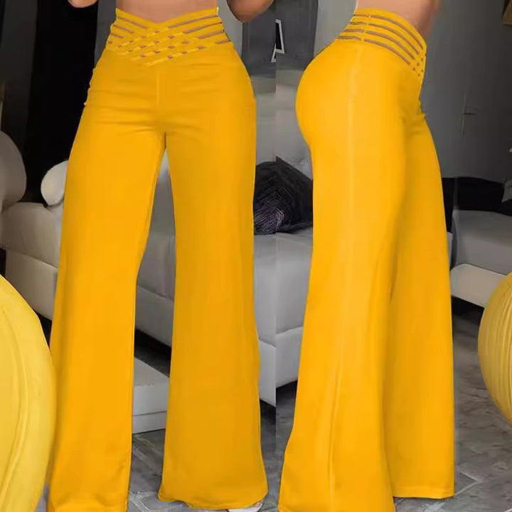 Women's high-waisted flared trousers with multi-strapped waist and wide flowing leg Mune Fashion