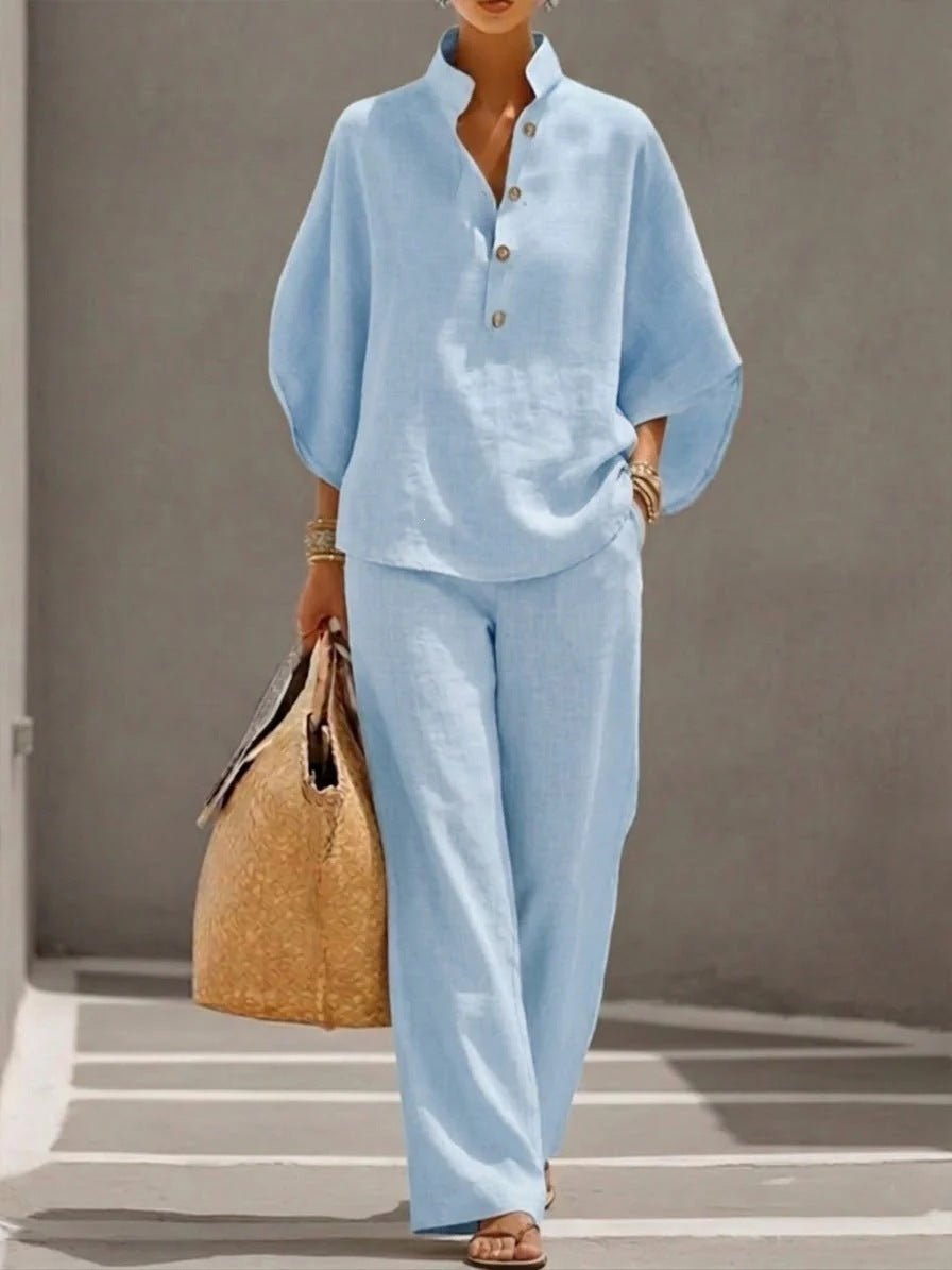 Women Lightweight Linen Loungewear Set with Stand-up Collar Button Placket and Wide Marlene Cut Mune Fashion