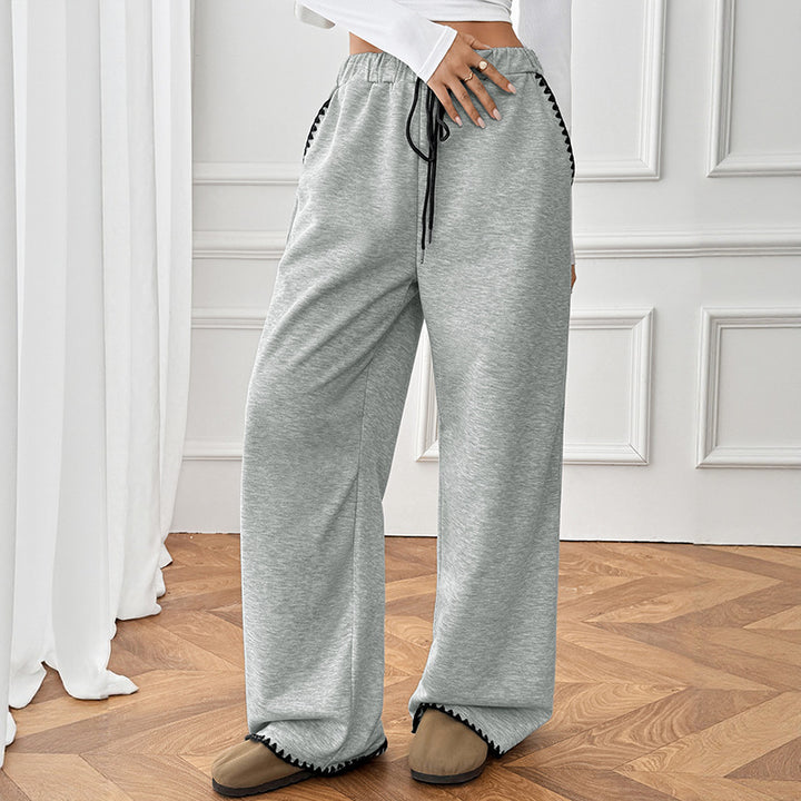 Women's Wide Relax Fleece Pants with High Waist, Drawstring and Decorative Stitch Details Mune Fashion
