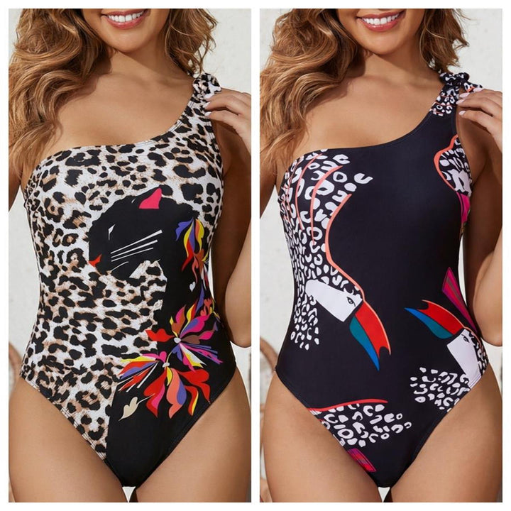 Women's One-Piece Swimsuit with Asymmetrical Strap and Eye-Catching Animal Print Mune Fashion