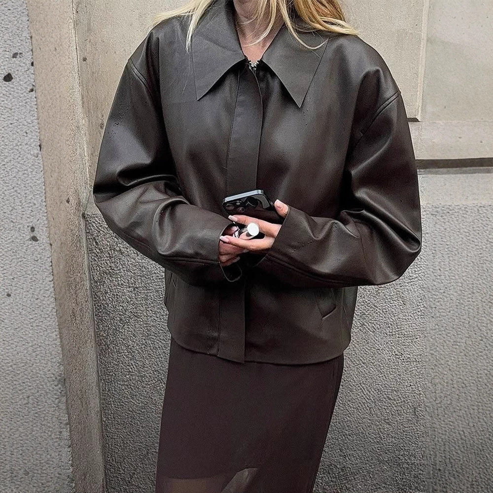 Ladies Cropped Boxy Jacket made of faux leather with oversized collar and concealed zipper placket Mune Fashion