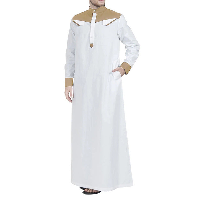 Men's long thobe with contrasting shoulder yoke, stand collar, and side pockets Mune Fashion