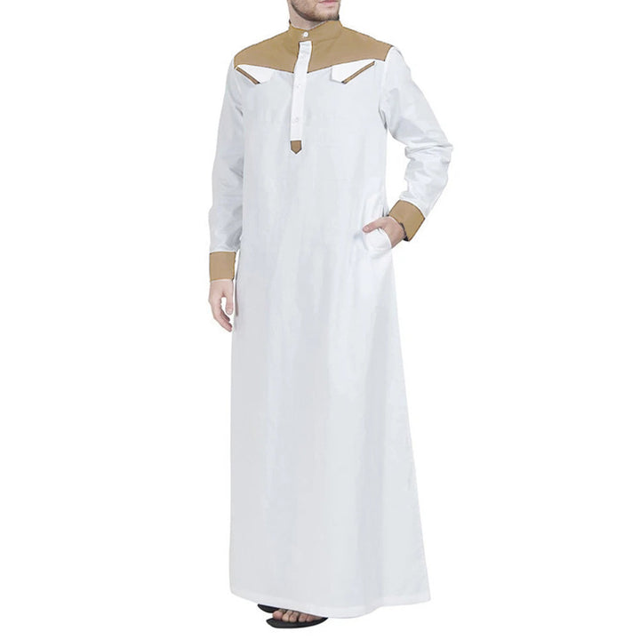 Men's long thobe with contrasting shoulder yoke, stand collar, and side pockets Mune Fashion