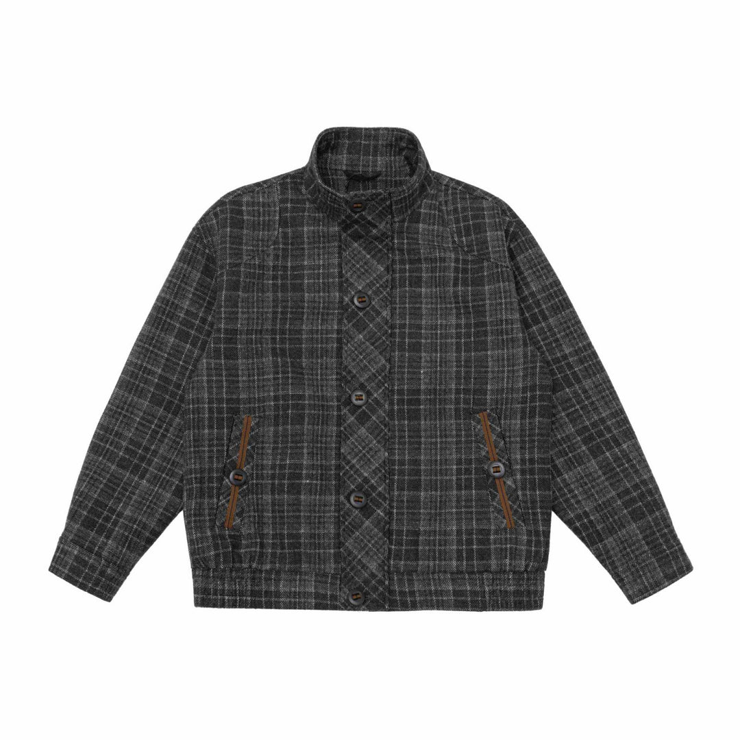 Men's Short Cut Wool Blend Puffer Jacket with Check Pattern and Stand Collar Mune Fashion