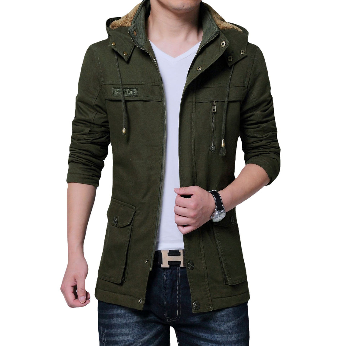 Men's Canvas Parka with Lined Hood, Multifunctional Pockets and Concealed Zipper Mune Fashion