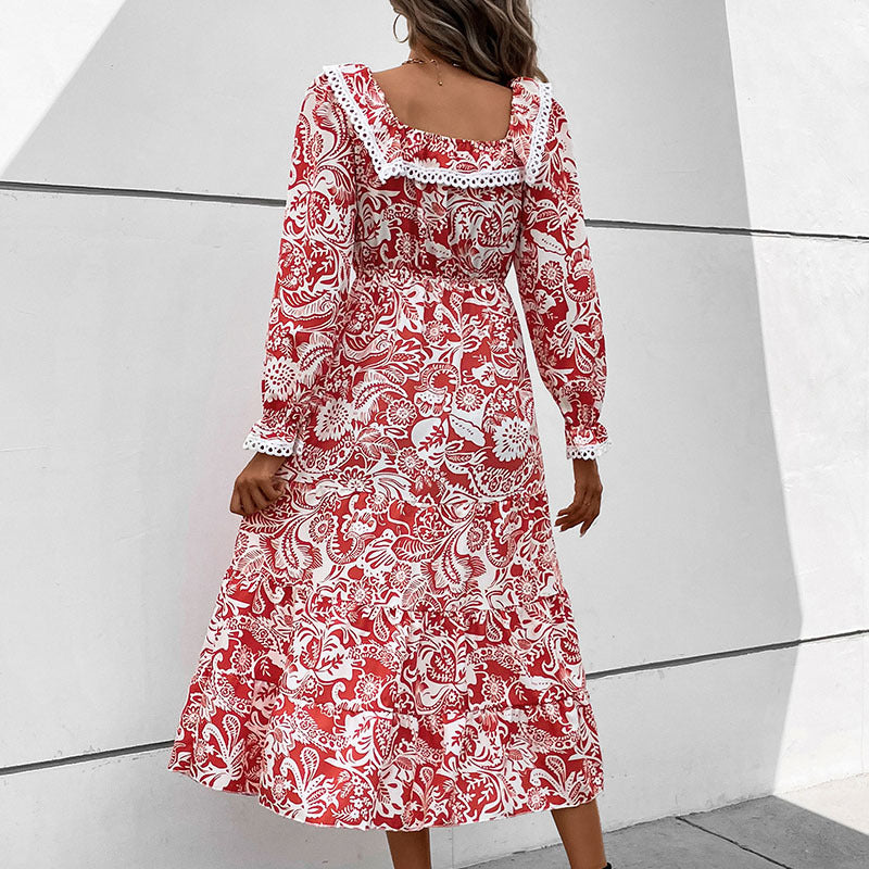 Women's Romantic Midi Dress in Boho Style with Square Neckline, Lace Trim and Waist Drawstring