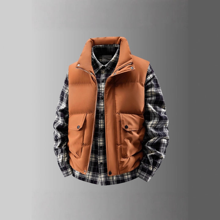 Men's Padded Quilted Vest with Utility Pockets and High Standing Collar Mune Fashion