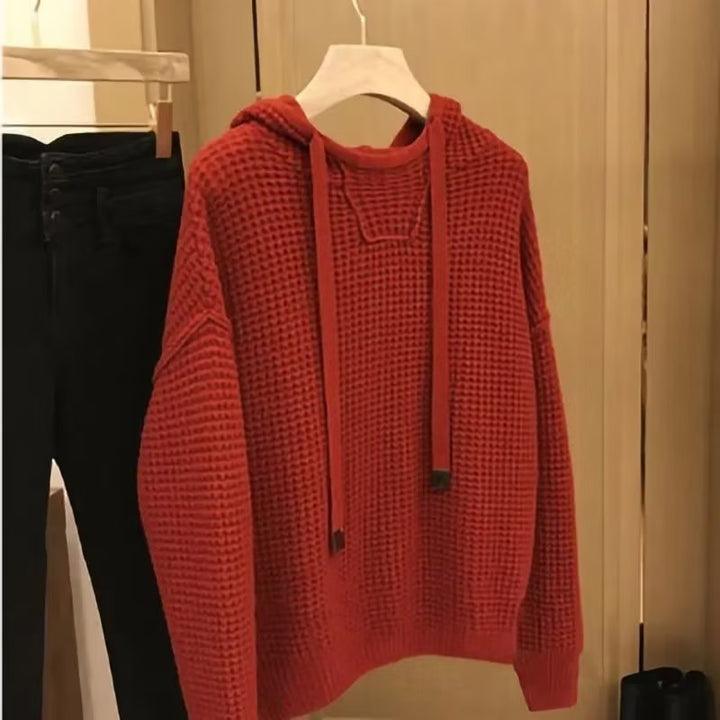 Women's Chunky Knit Oversized Hoodie with Waffle Texture and Drawstring Mune Fashion