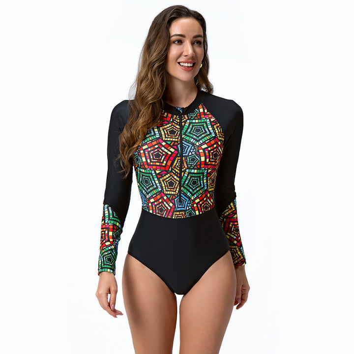Women's Sporty Long Sleeve Swimsuit with Colorful Graphic Design Mune Fashion