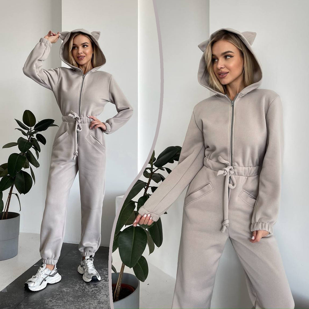 Women Cozy Hooded Overall with Cat Ears and Waist Drawstring Mune Fashion
