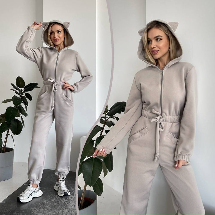 Women Cozy Hooded Overall with Cat Ears and Waist Drawstring Mune Fashion