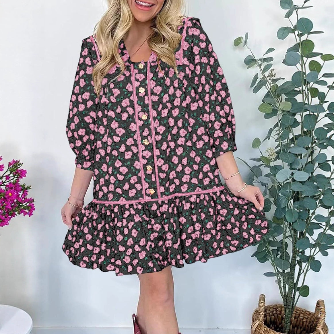 Women's Floral Mini Shirt Dress with Oversized Sailor Collar Mune Fashion