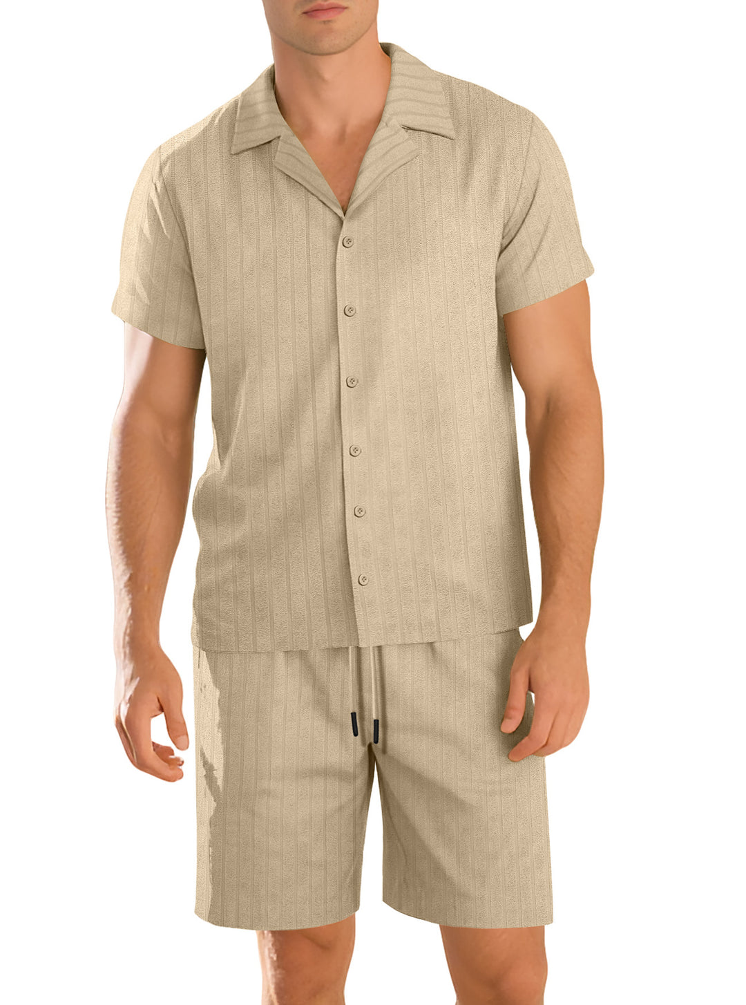 Men's ribbed knit lounge set with lapel collar short-sleeve shirt and comfort bermuda Mune Fashion