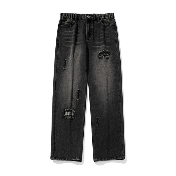 Women Wide High-Waist Destroyed Denim Jeans with Elastic Waist Mune Fashion