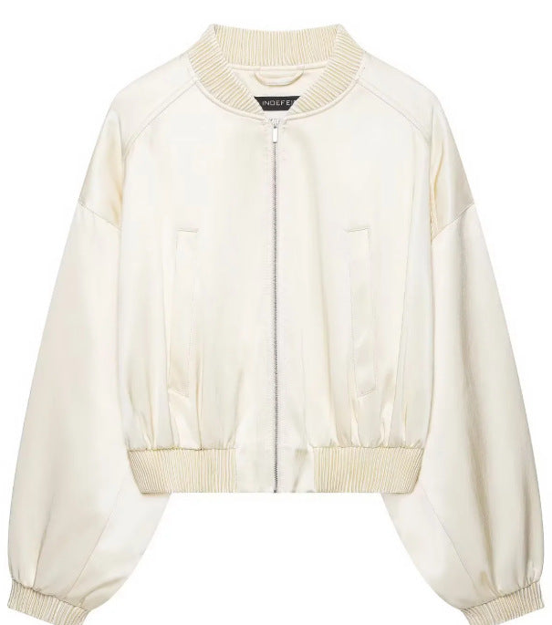 Women Lightweight Cropped Bomber Jacket in Satin Look with Ribbed Cuffs and Drop Shoulder Mune Fashion