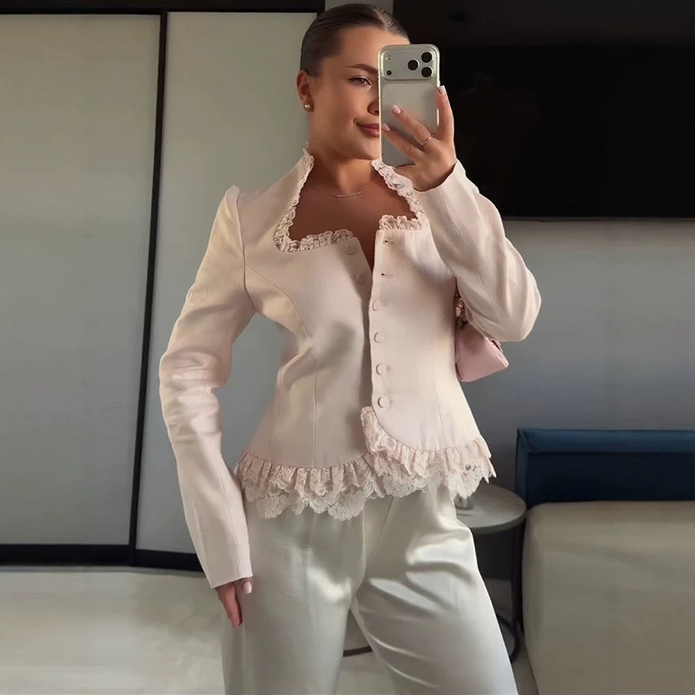 Women Tailored Blazer with Lace Trim, Buttonless and Peplum Mune Fashion