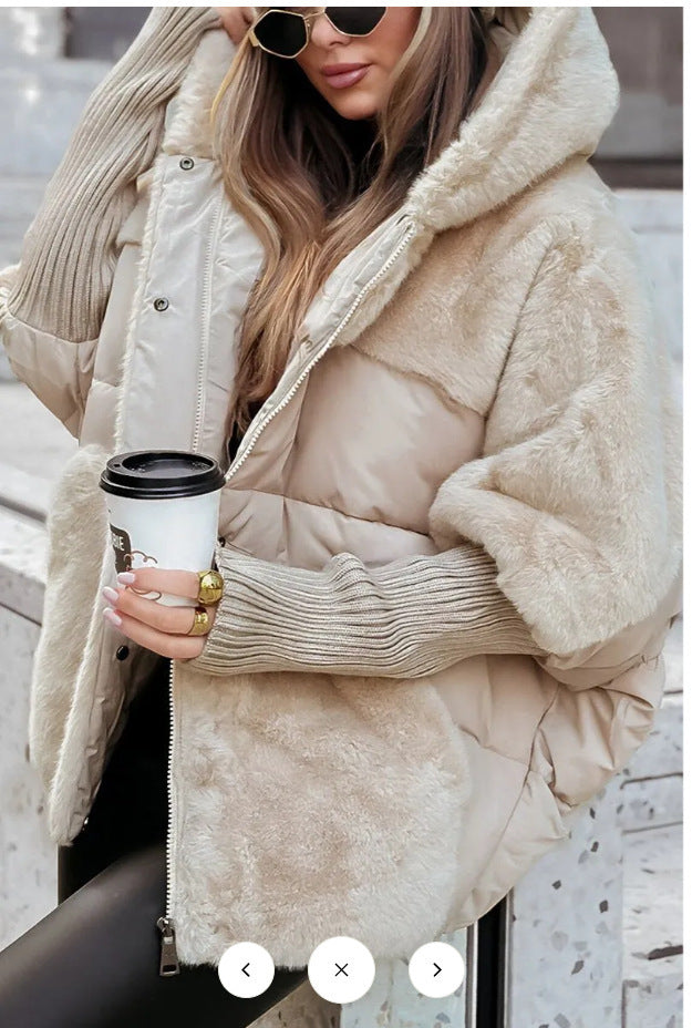 Women's oversized quilted winter jacket with faux fur panels, hood and integrated ribbed sleeve details Mune Fashion