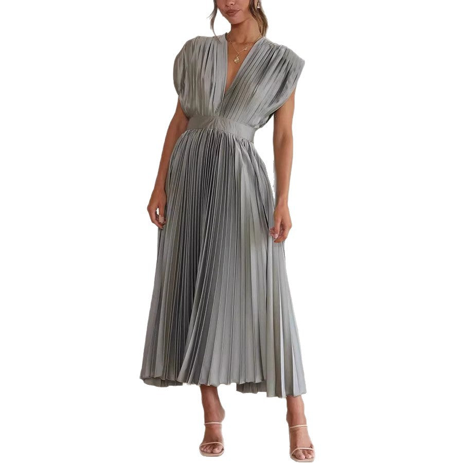 Women's Pleated Midi Dress with Deep V-Neck and Waist Belt Drune