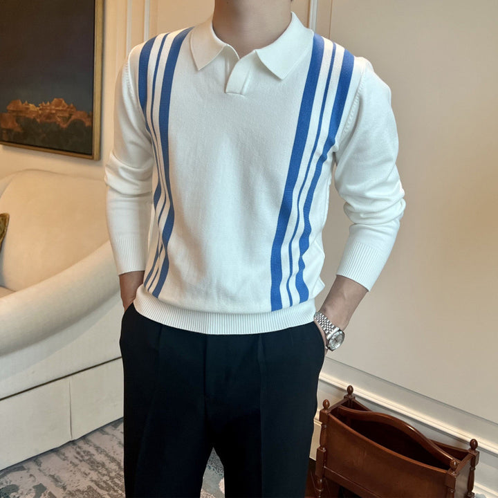 Men's Polo Collar Knit Sweater with Distinctive Stripes and Slim Fit Mune Fashion
