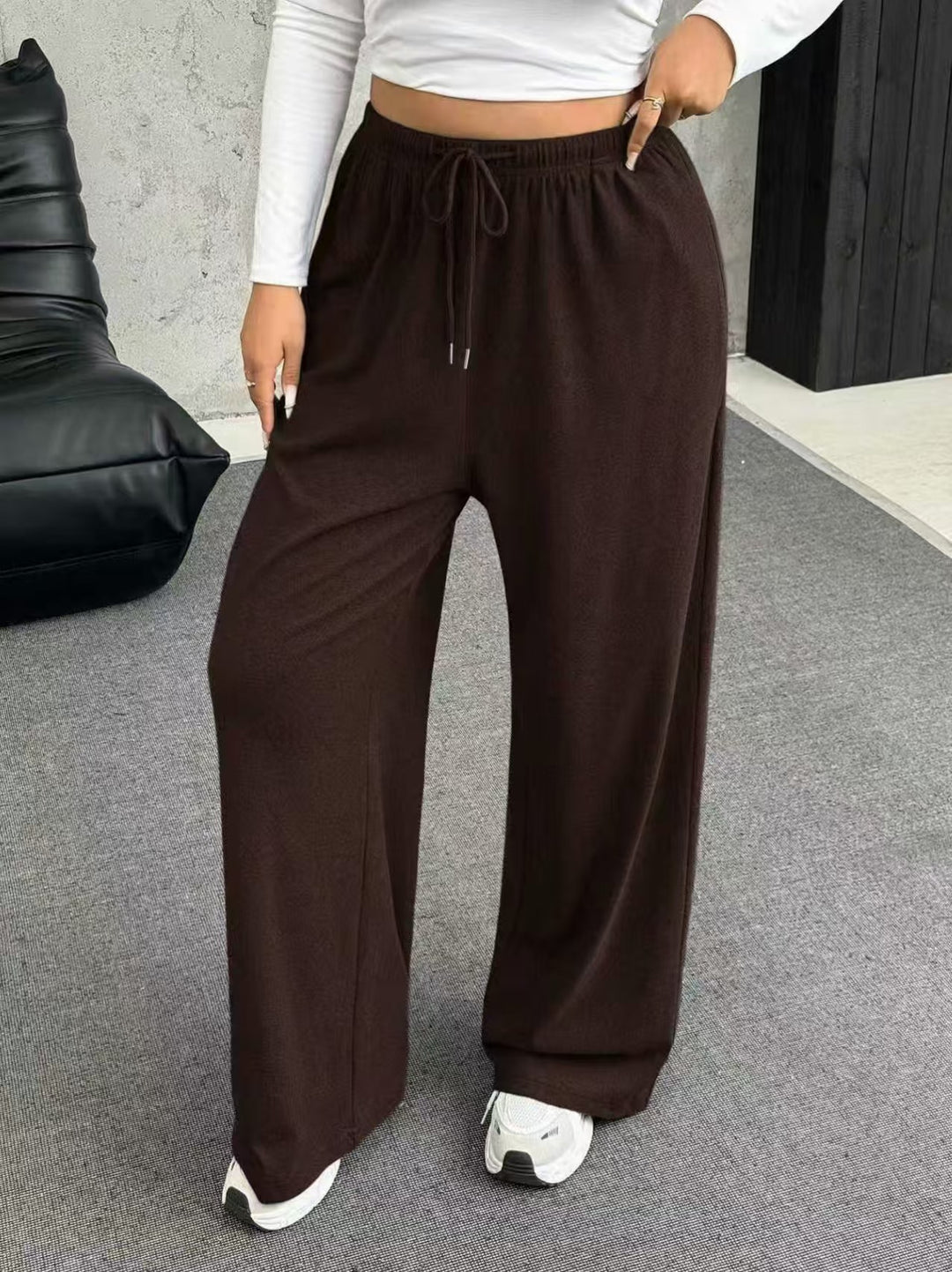Women's wide relaxed pants with high waistband, elastic drawstring, and wide leg Mune Fashion