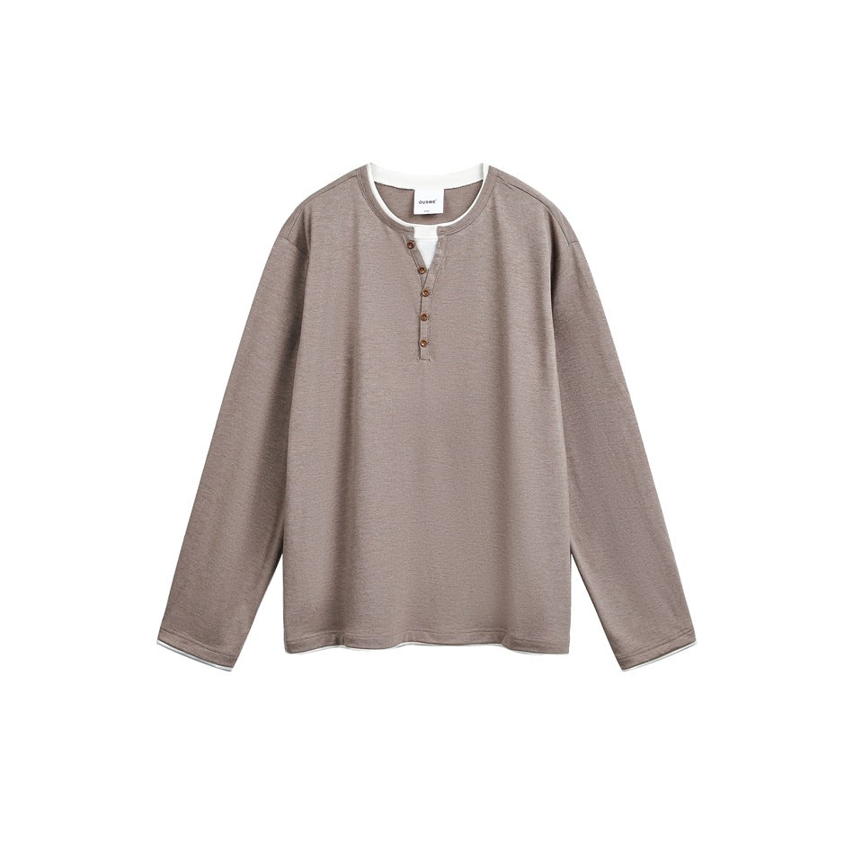 Unisex cotton blend henley shirt with double-layer collar and wooden button placket Mune Fashion