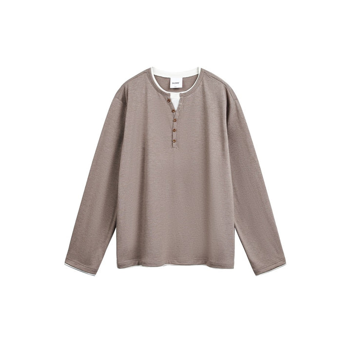 Unisex cotton blend henley shirt with double-layer collar and wooden button placket Mune Fashion