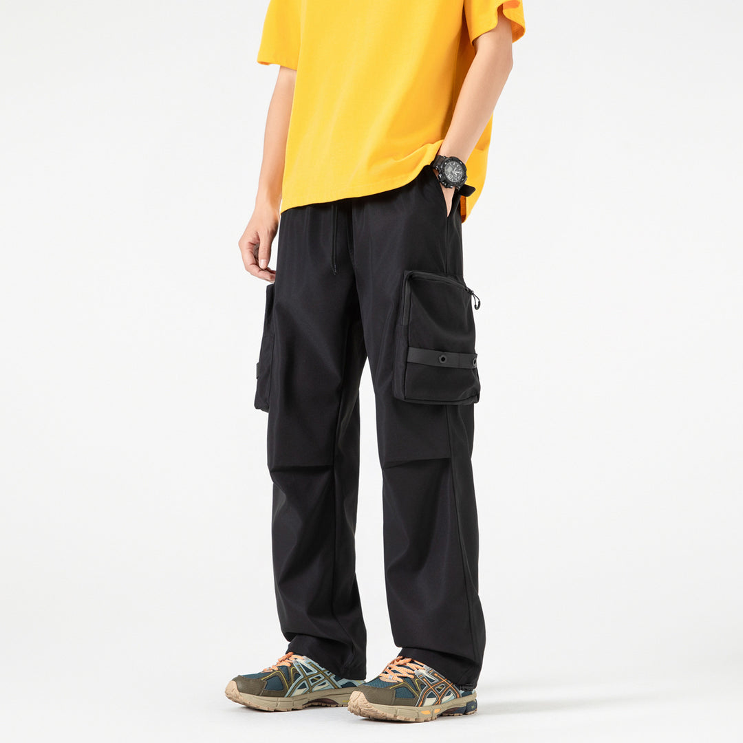 Men's Wide Utility Cargo Pants with Oversized Flap Pockets and Drawstring Waist Drune