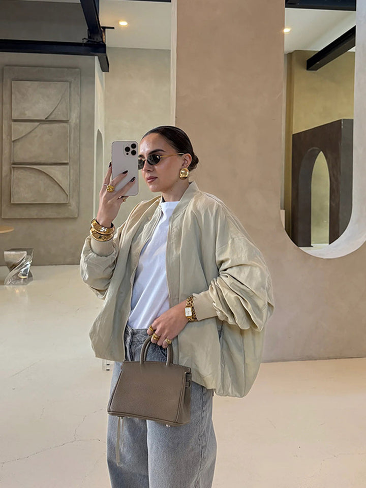 Women Oversize Bomber Jacket with drawstring, ribbed cuffs and lightweight nylon finish Mune Fashion