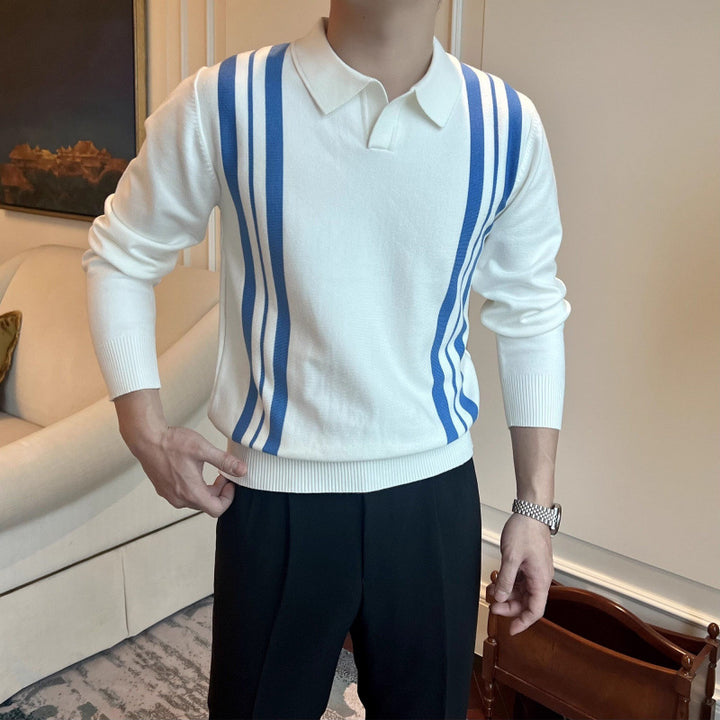 Men's Polo Collar Knit Sweater with Distinctive Stripes and Slim Fit Mune Fashion