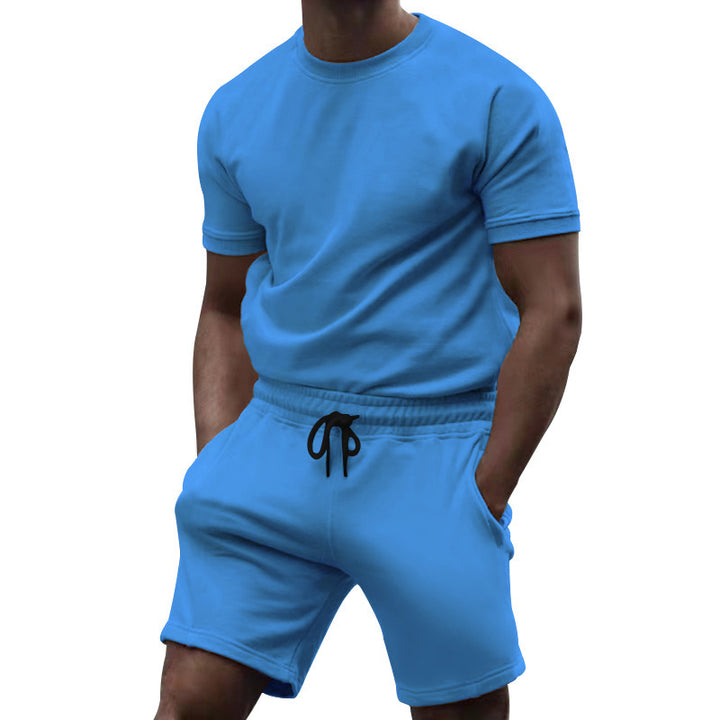 Men's short-sleeve sweat set made of soft sweatshirt fabric with a round neck shirt and drawstring shorts Mune Fashion