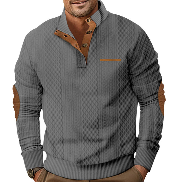 Men's knitted pullover with stand-up collar, button placket and elbow patches Mune Fashion