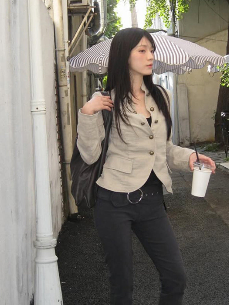 Women Short Cut Tailored Linen Look Blazer Jacket with Stand Collar Mune Fashion