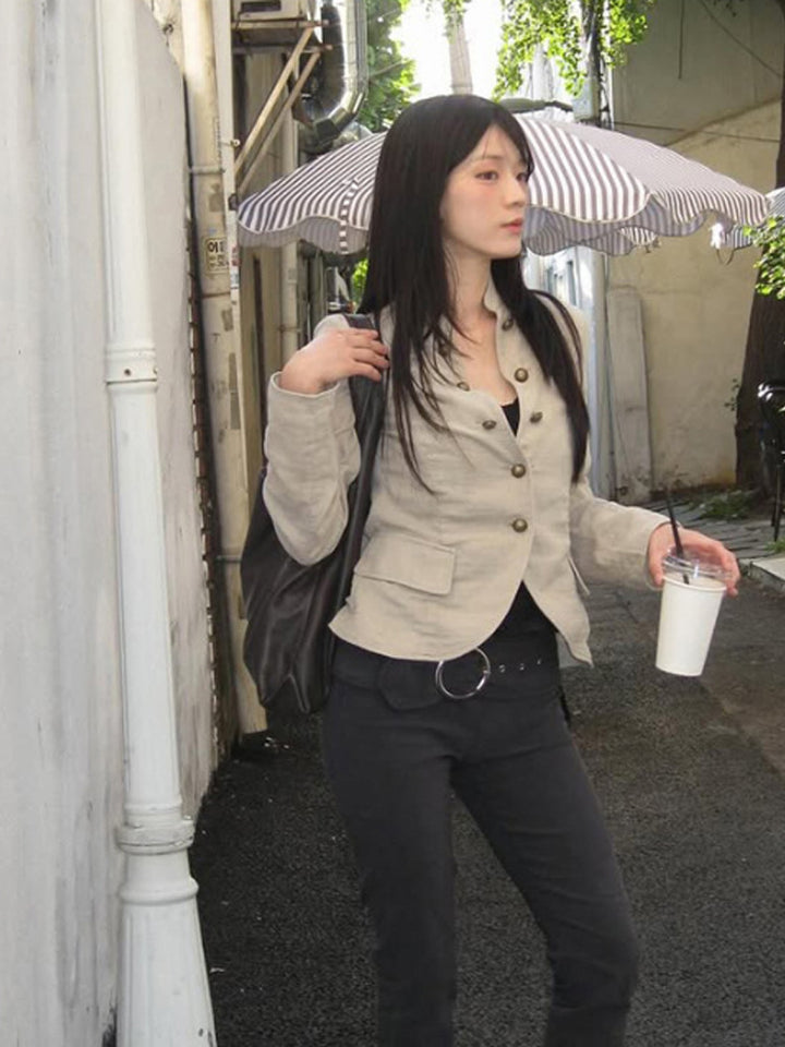 Women Short Cut Tailored Linen Look Blazer Jacket with Stand Collar Mune Fashion