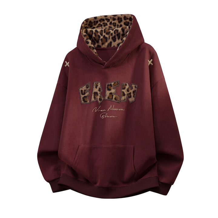 Ladies Oversize Hoodie with Lined Leopard Hood and Application Lettering Mune Fashion