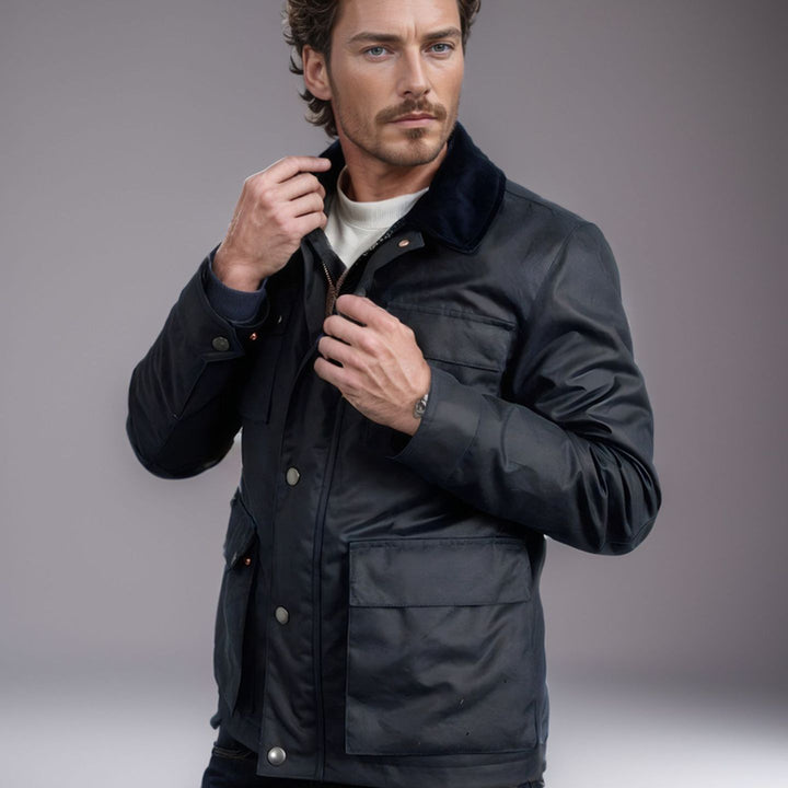 Men's wax jacket in field style with corduroy collar and multiple pockets Mune Fashion
