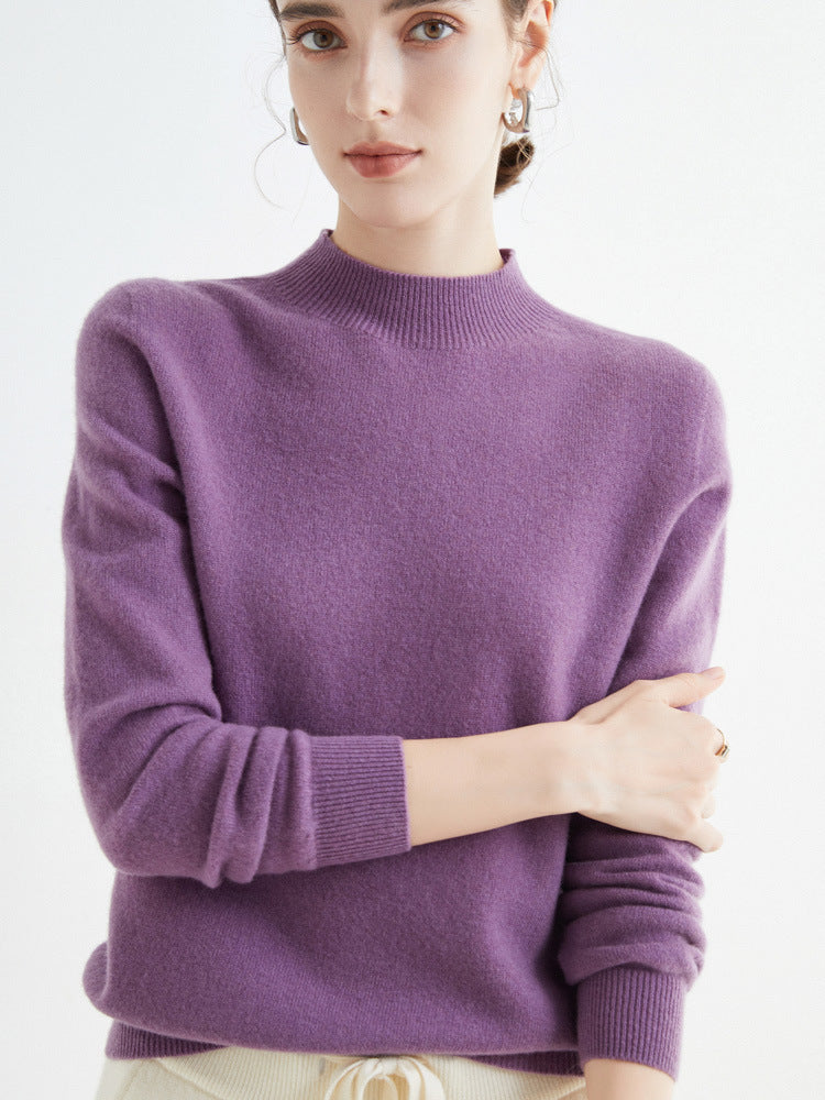 Women's Short Mock Neck Sweater in Cashmere Look with Light Fuzzy Texture Mune Fashion