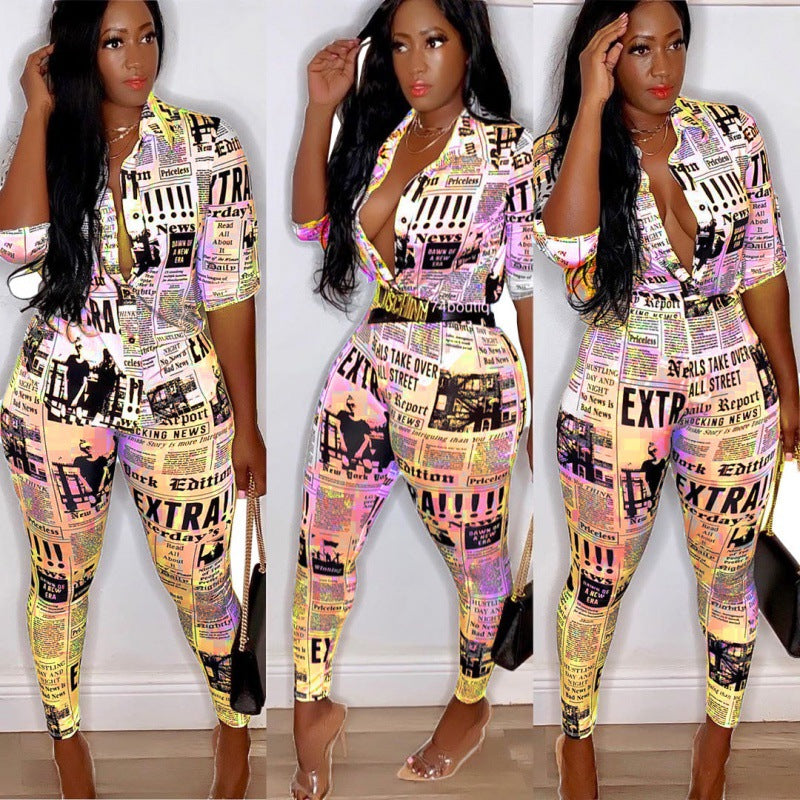 Women fitted jumpsuit with newspaper print and tailored shirt collar Mune Fashion