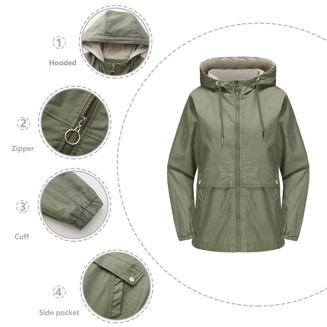 Women's lightweight water-repellent hooded parka with drawstring, ring zipper, and concealed snap button placket Mune Fashion
