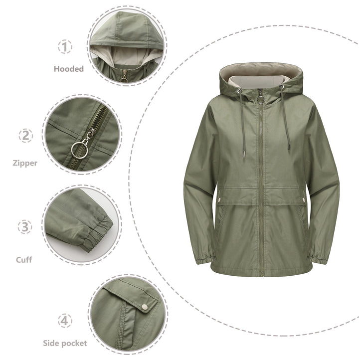Women's lightweight water-repellent hooded parka with drawstring, ring zipper, and concealed snap button placket Mune Fashion