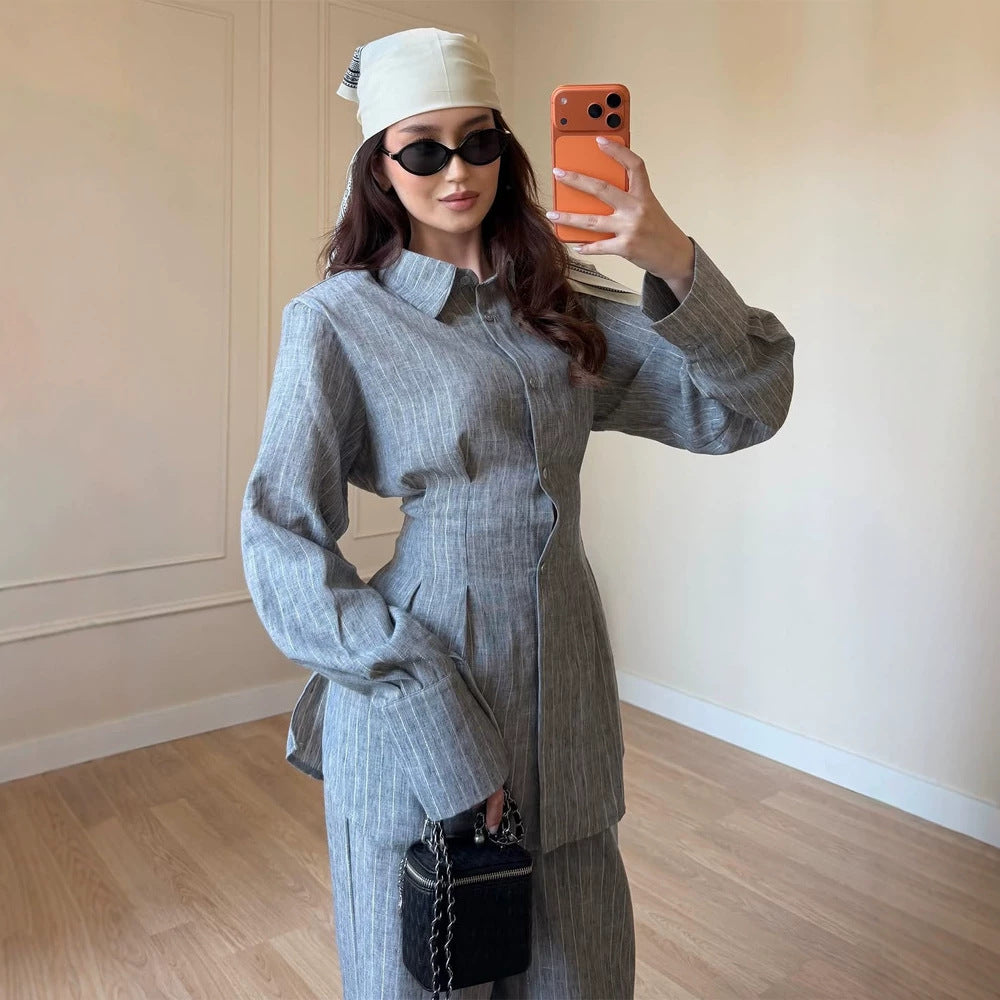 Women's Lightweight Linen Loungewear Set with Oversized Shirt and Wide Leg Pants Mune Fashion
