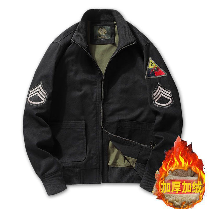 Men's canvas bomber jacket in worker blouson style with badge patches and ribbed collar Mune Fashion