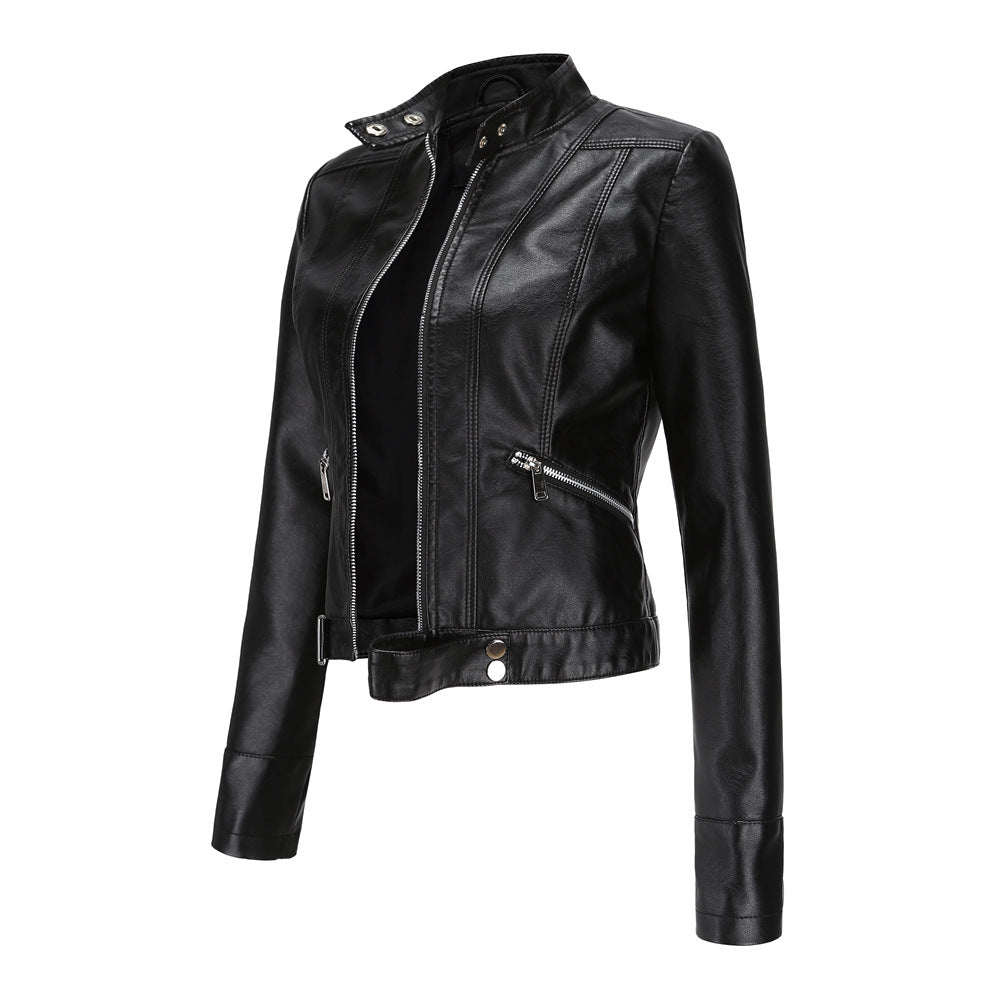 Women's short fitted faux leather jacket in racer style with stand-up collar and zip pockets Mune Fashion