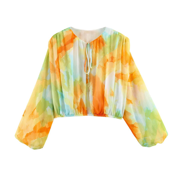 Women's Short Cut Pleated Chiffon Blouse with Drawstring and Wide Balloon Sleeves Mune Fashion