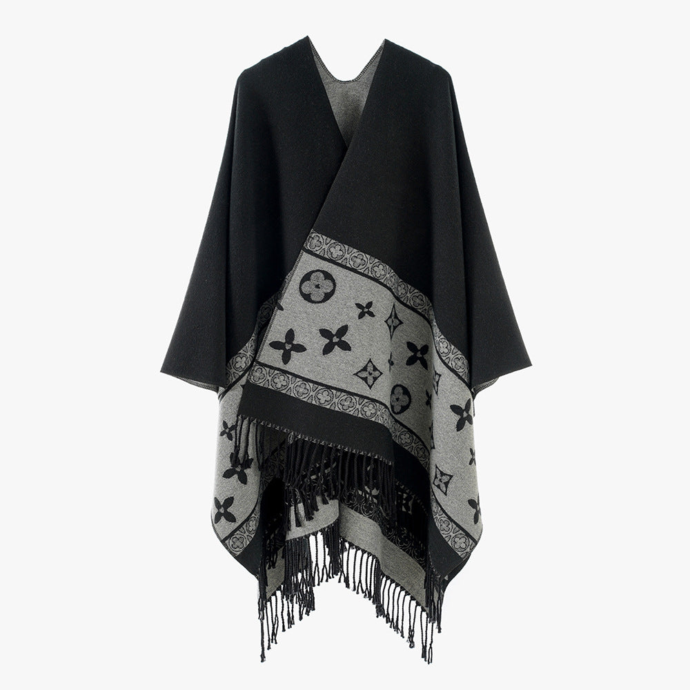 Women's Oversized Rectangular Poncho made of Wool Blend with Woven Jacquard Border and Fringed Hem Mune Fashion