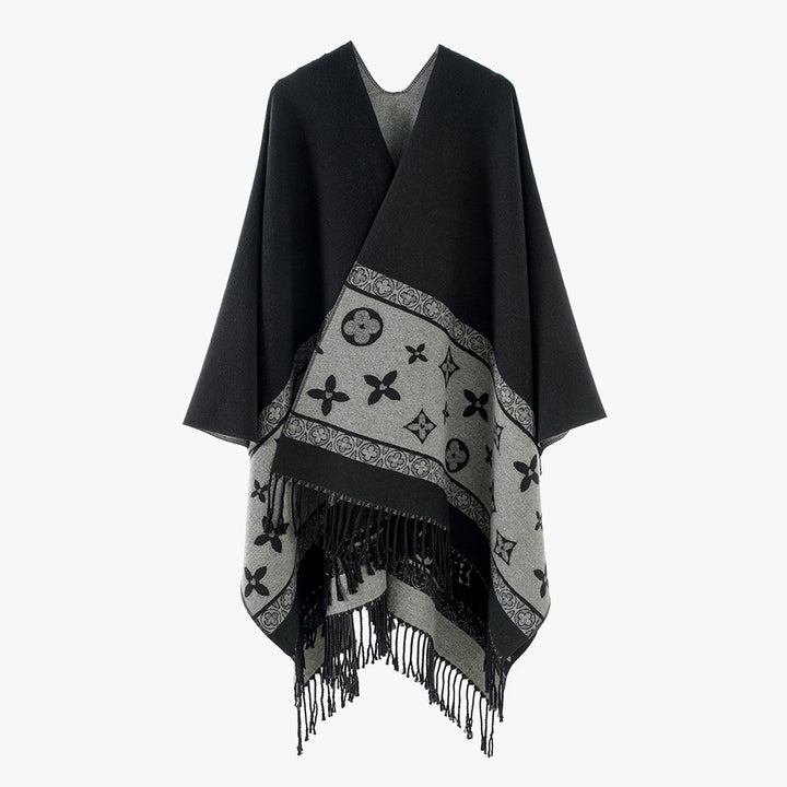 Women's Oversized Rectangular Poncho made of Wool Blend with Woven Jacquard Border and Fringed Hem Mune Fashion