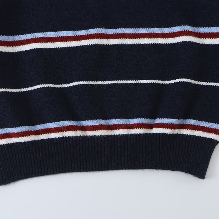 Women's Striped Knit Polo Sweater with Short Button Placket and Ribbed Cuffs Mune Fashion
