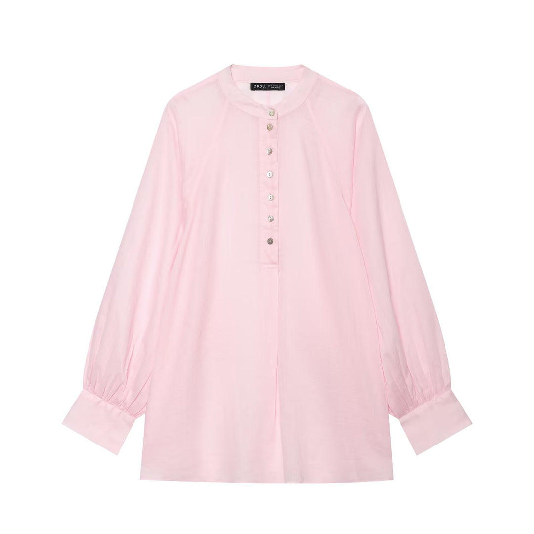 Women Oversized Blouse with Stand Collar, Continuous Button Placket and Balloon Sleeves Mune Fashion