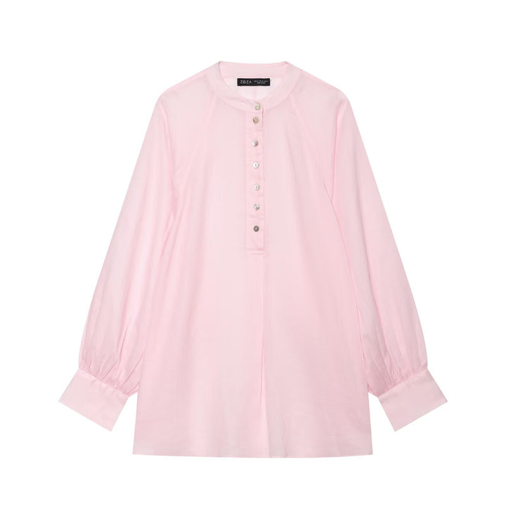 Women Oversized Blouse with Stand Collar, Continuous Button Placket and Balloon Sleeves Mune Fashion