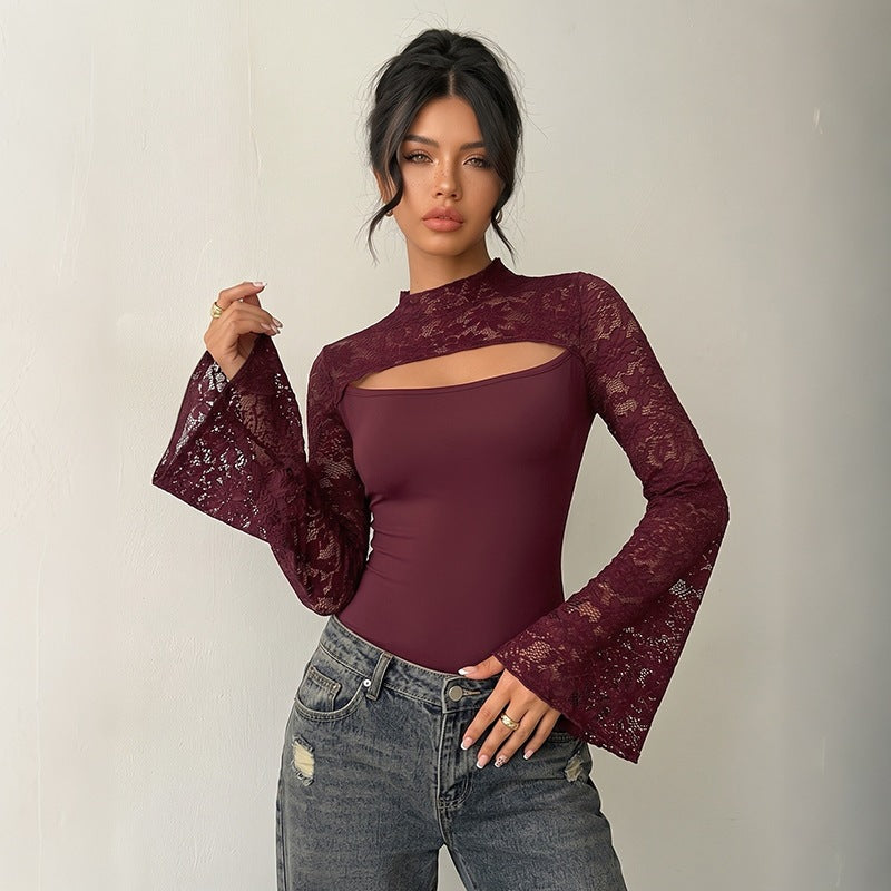 Women's lace bodysuit with cut-out, off-the-shoulder look and flared trumpet sleeves Mune Fashion