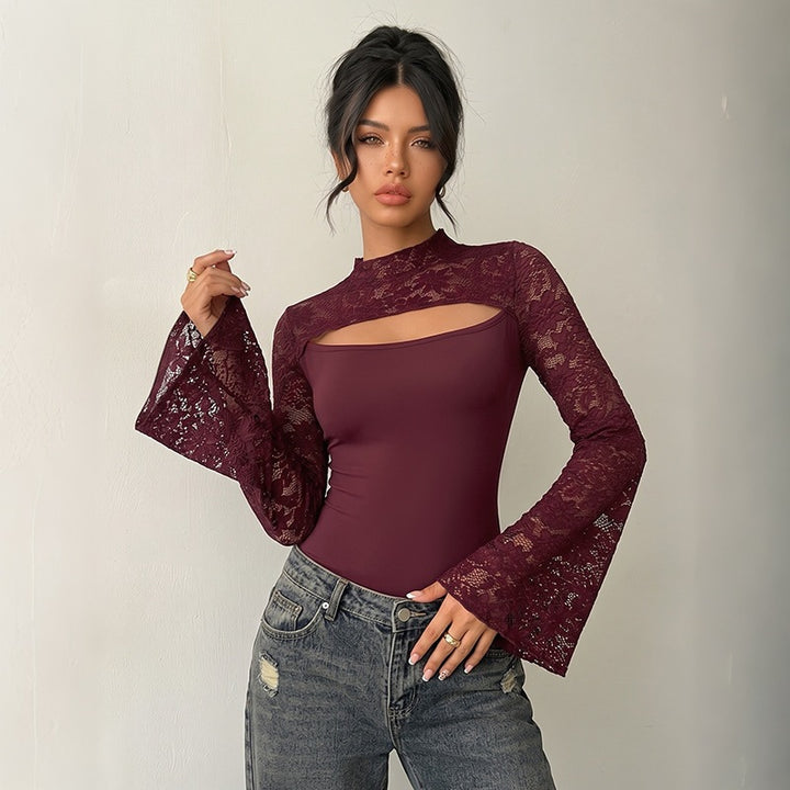Women's lace bodysuit with cut-out, off-the-shoulder look and flared trumpet sleeves Mune Fashion